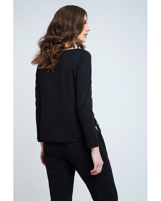 Conquista Black Poppy Print Long Sleeve Top