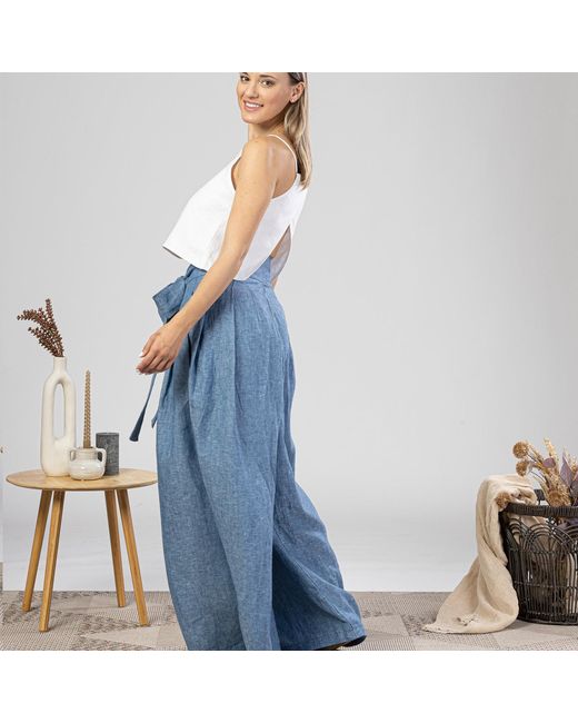 Nikka Place Blue Wide Leg Baggy Linen Pants With High Waist And Front Tie