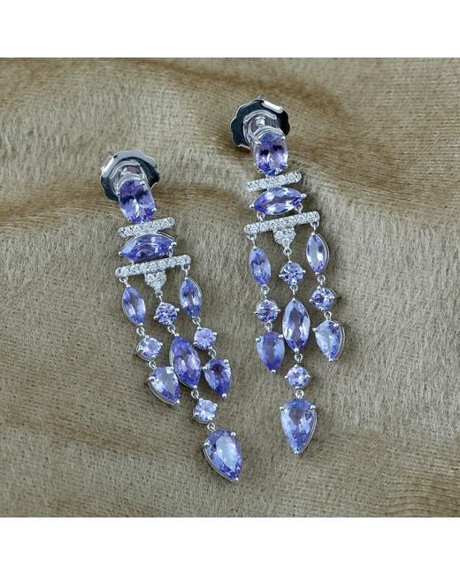 Artisan Blue White Gold Chandelier Earrings Diamond Tanzanite Gemstone Jewelry