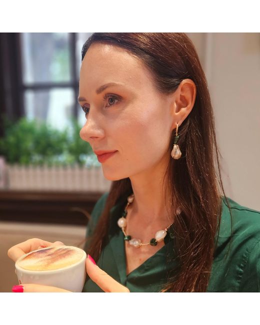Farra Green Natural Baroque Pearls With Heart Malachite Earrings