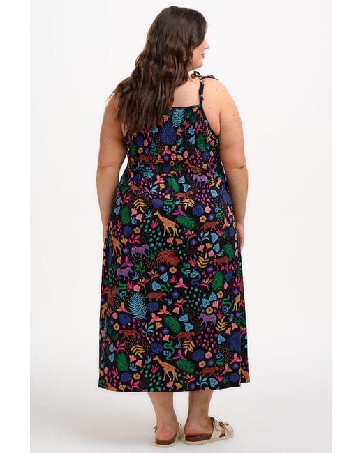 Sugarhill Blue Willa Shirred Jersey Midi Dress, Multi, Jungle Spirit