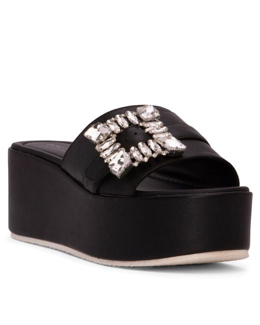Beautiisoles by Robyn Shreiber Made in Italy Black Dita Leather Comfortable Wedge Sandal Espadrille Slide With Jewelry For Elegant Work & Evening