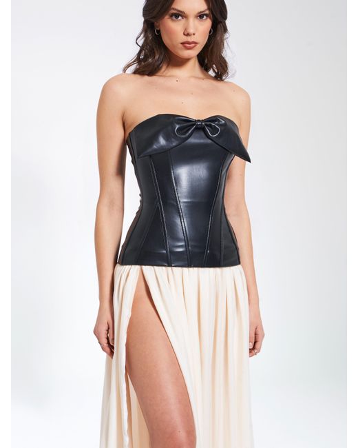 Miss Circle New York White Maayan Vegan Leather Corset High Slit Drop Waist Maxi Dress