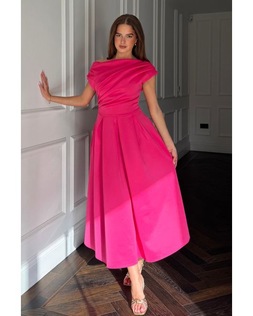 Girl In Mind Pink Betty Asymmetric Neckline Skater Midi Hot