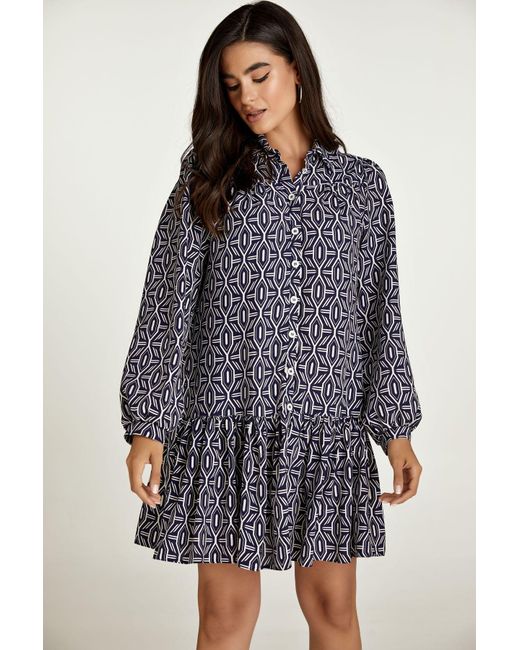 Conquista Blue Navy & White Print Dress With Buttons