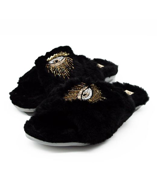 Rettrose Black Blake Luxury Plush Diamanté Embellished Handmade Slipper