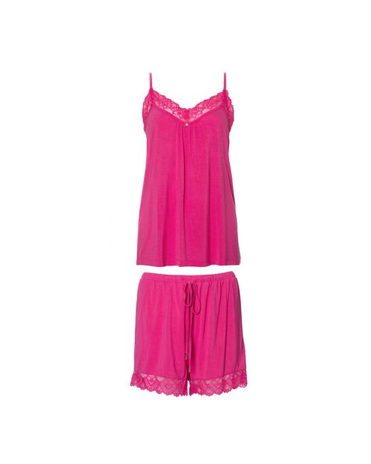 Pretty You London Pink Bamboo Lace Cami Short Pyjama Set In Raspberry