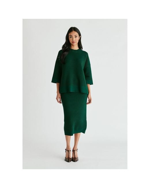 Paisie Green Mock Neck Cropped Sleeve Ribbed Jumper