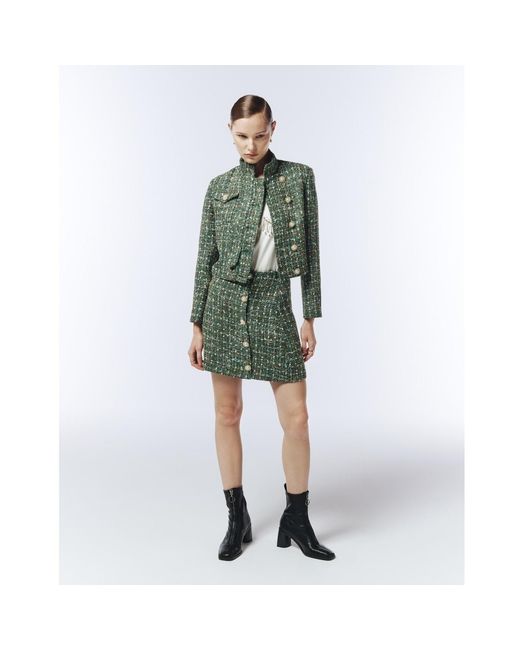 Sour Figs Green High-Neck Metallic Thread Bouclé Tweed Jacket
