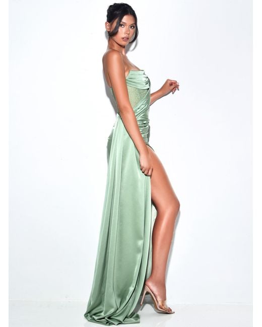 Miss Circle New York Green Holly Basil Crystallized Corset High Slit Satin Gown