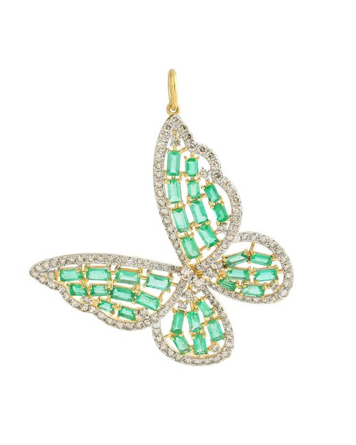 Artisan Green Yellow Gold Diamond Butterfly Pendant Emerald Gemstone