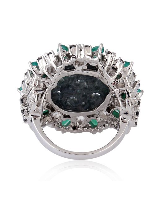 Artisan Green Carved Jade & White Sapphire With Emerald Pave Diamond In 18k White Gold And 925 Silver Cocktail Ring