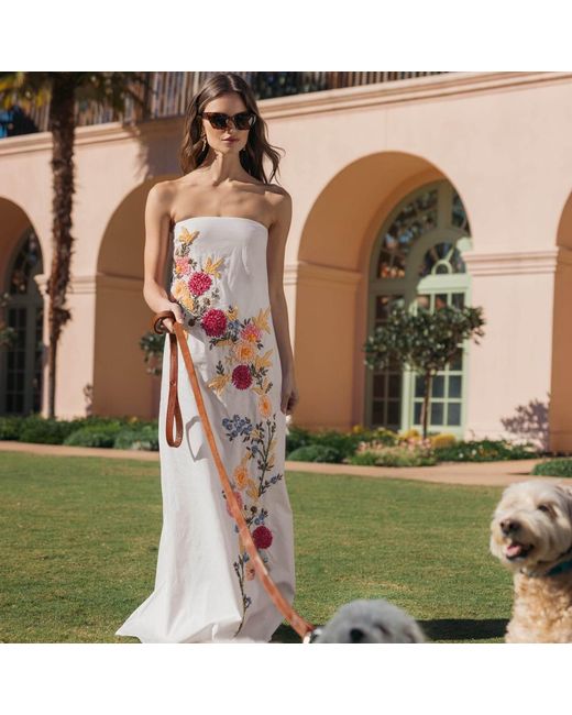 Mac Duggal White Strapless Floral Embroidered Linen Gown