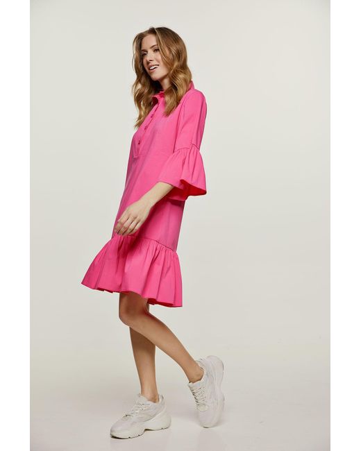 Conquista Pink Fuchsia Bell Sleeve Dress With Ruffle Hem