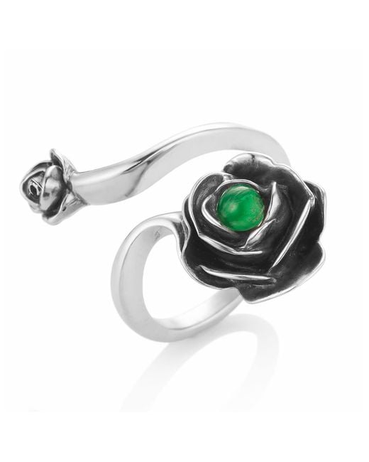 Unaloe Metallic Rose Ring With Natural Emerald– Adjustable Sterling Flower Jewelry