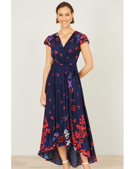 Yumi' Blue Floral Mirror Wrap Dress With Dip Hem