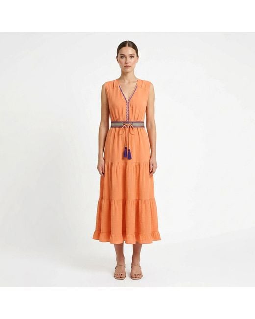 Lalipop Design Orange Terracotta Muslin Sleeveless Belted Midi Dress