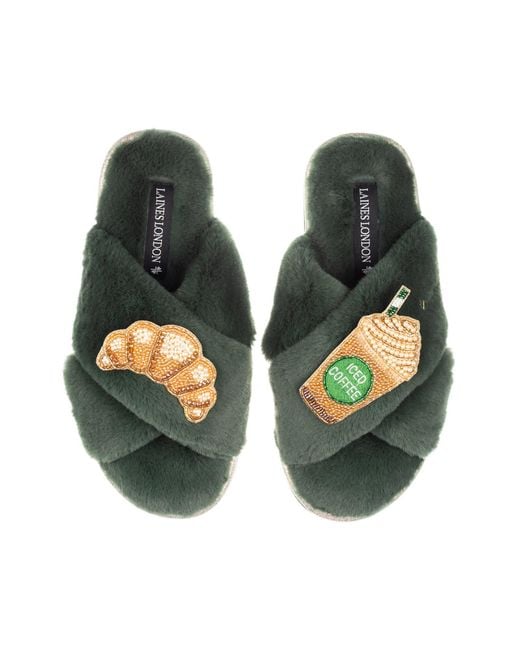 Laines London Green Classic Laines Slippers With Iced Coffee & Croissant Brooches