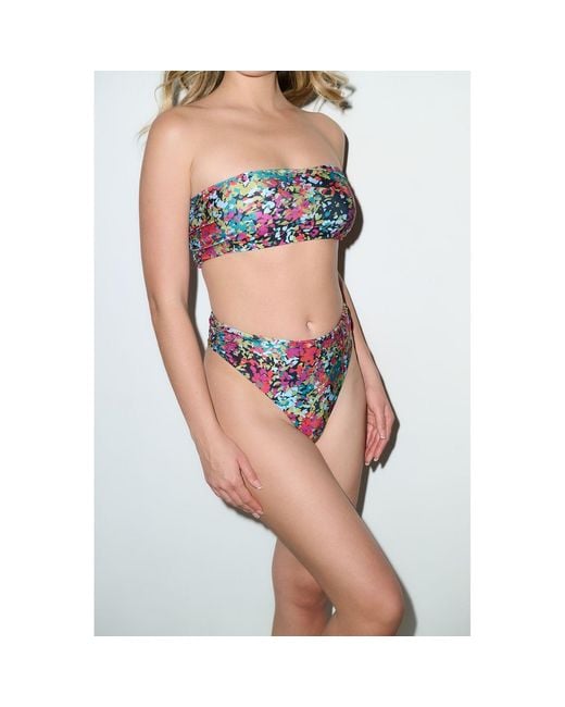 Playaluxe Red Capri Ruched High Waist Thong Bikini Bottom Confetti Floral