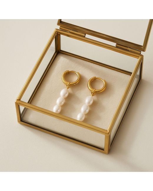 My Little Nature Metallic Dangle Freshwater Pearls Earrings With Three Pearls And Plated Hoops
