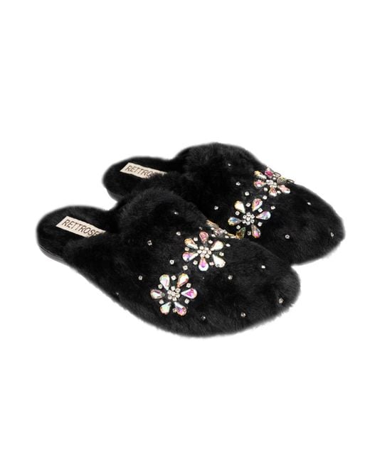 Rettrose Black Kamila Luxury Plush Diamanté Embellished Handmade Slipper