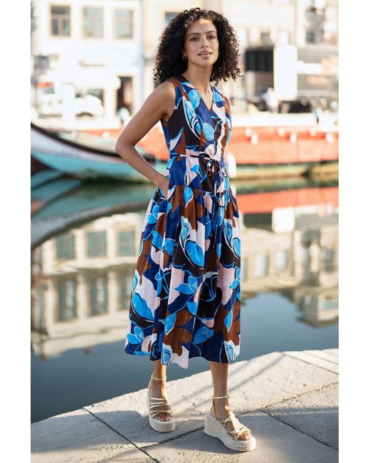 Yumi' Blue Cotton Floral Abstract Dropped Waist Midi Dress