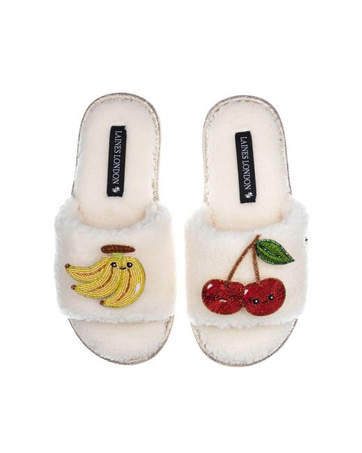 Laines London White Teddy Slider Slippers With Laines Lovables Banana & Cherry Brooches
