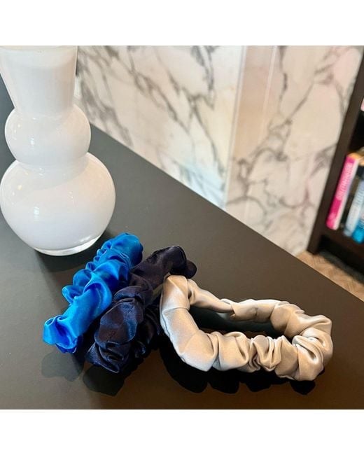 Soft Strokes Silk Blue Set Of Three Pure Mulberry Silk Mini Scrunchies Weekly Special Hair Ties Coastal Waves
