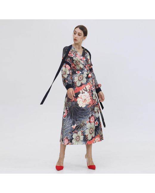 Smart and Joy Red Wrap Dress With Flower Print And Satin Bias