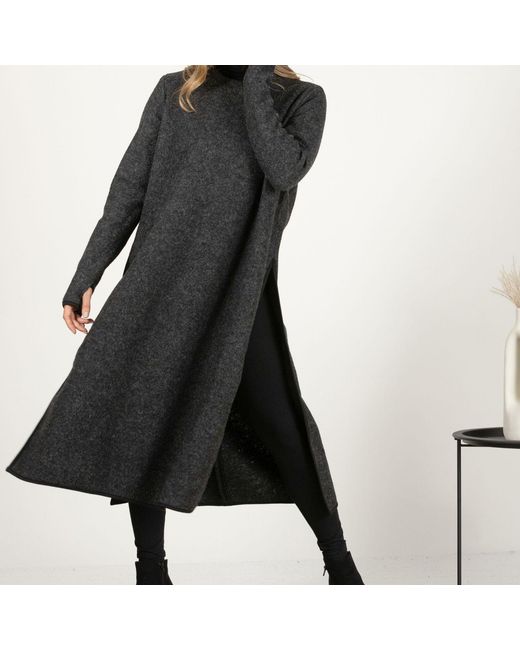 Nikka Place Black Minimalist Boiled Wool Sweater Dress With Long Sleeves And Slits
