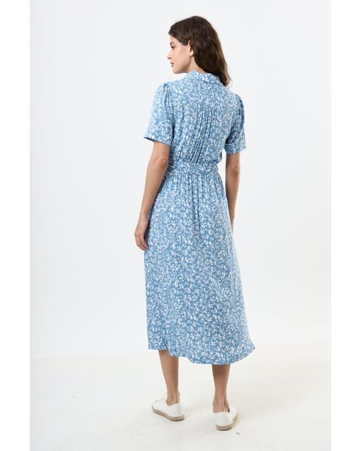 Louche Blue Inesa Negative Floral Print Short Sleeve Midi Shirt Dress