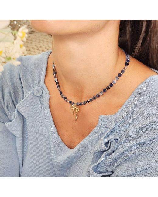 Farra Blue Heart Shaped Sodalite With Bow Pendant Necklace