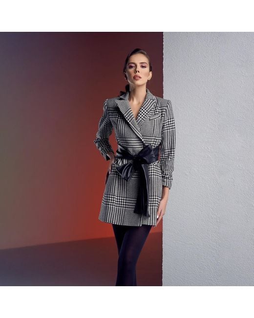 AVENUE No.29 Black Houndstooth Wool Blazer Dress With Contrast Belt