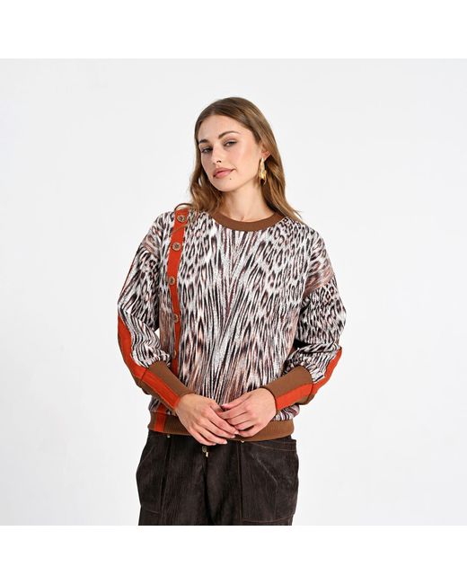 Lalipop Design Brown Animal Print Knit Sweatshirt With Button Detail