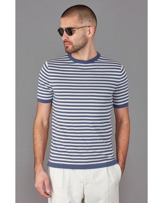Paul James Knitwear Blue Mens Ultra-fine Cotton Miguel Knitted Breton T-shirt for men