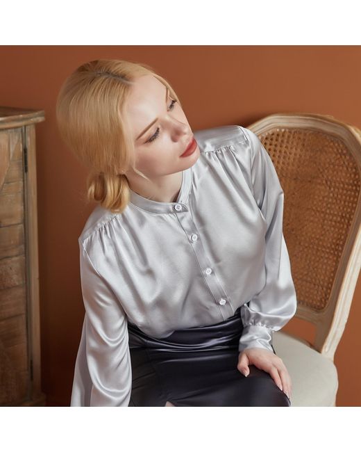Soft Strokes Silk Gray Pure Silk Long Sleeve Banded Collar Blouse