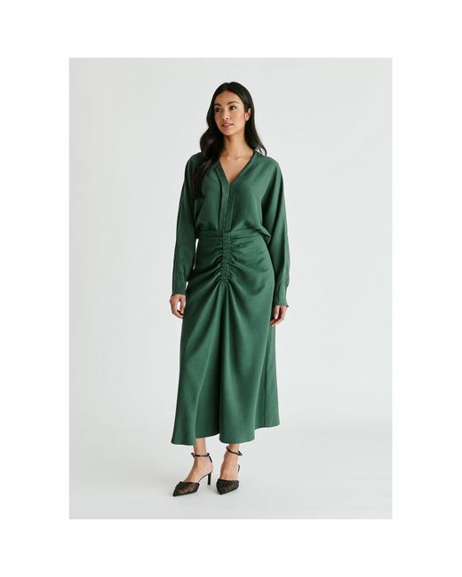 Paisie Green Ruched Front Midi Skirt