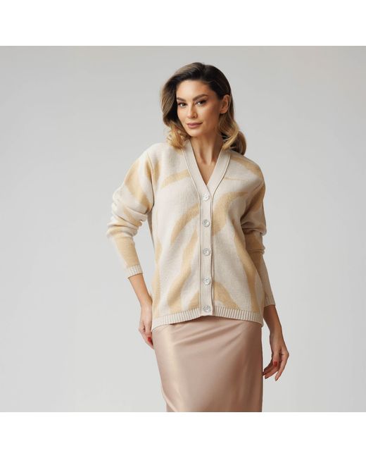concept A trois Natural Neutrals Cream& Printed Cardigan With V Neckline, Knitted, With Crystal Buttons