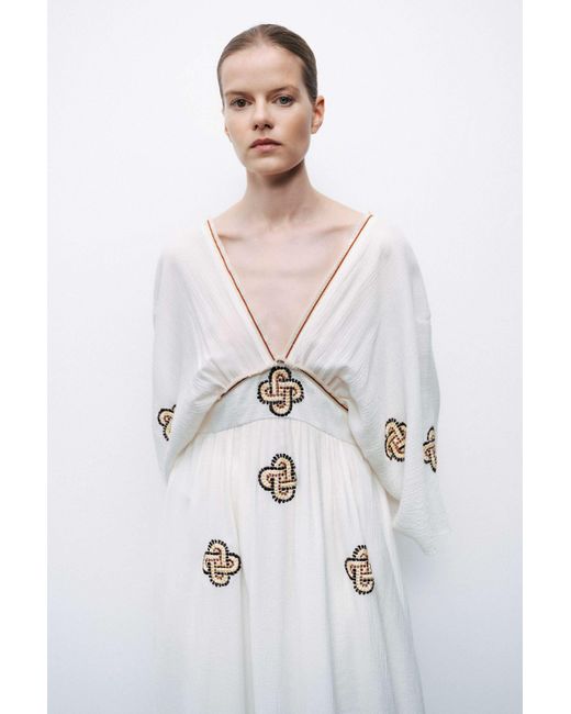 Nocturne White Ecru Maxi Dress With Embroidery Details