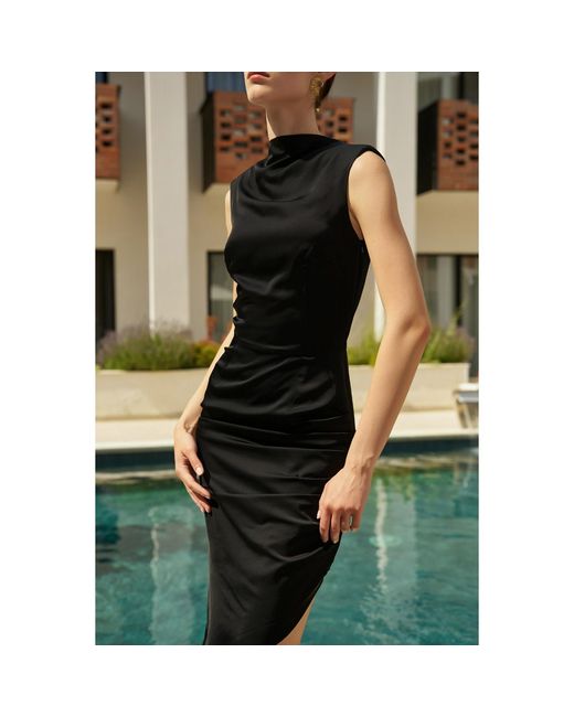 AVENUE No.29 Black Cowl Neckline Asymmetric Viscose Midi Dress
