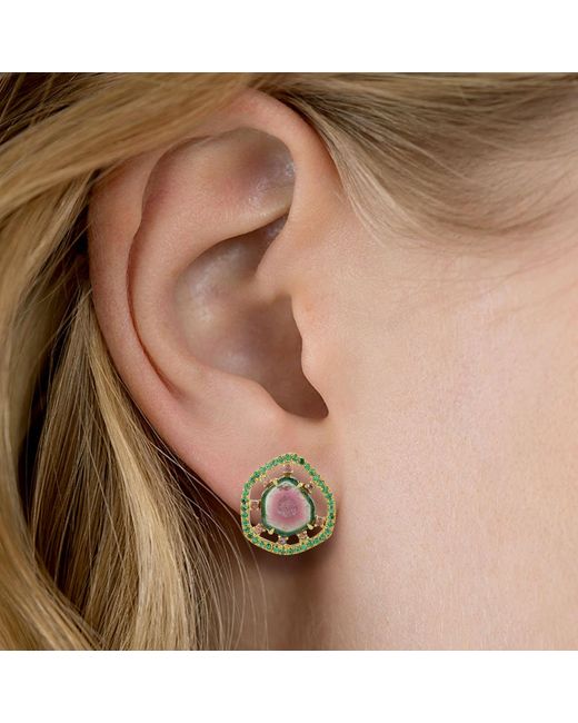 Artisan Green 18k Solid Gold With Pink Tourmaline & Water Melon Tourmaline Pave Tsavorite Stylish Stud Earrings