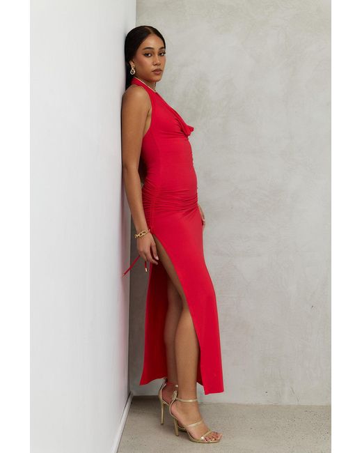 Why Mary Red Venus Cowl Neck Halter Bamboo Jersey Maxi Dress