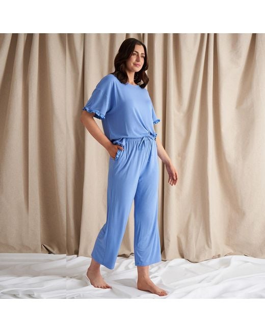 Pretty You London Blue Bamboo Frill Tee Trouser Set