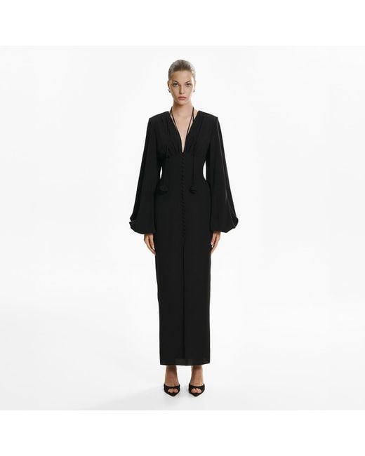 Lita Couture Black Ample-Sleeve Maxi Silk Dress