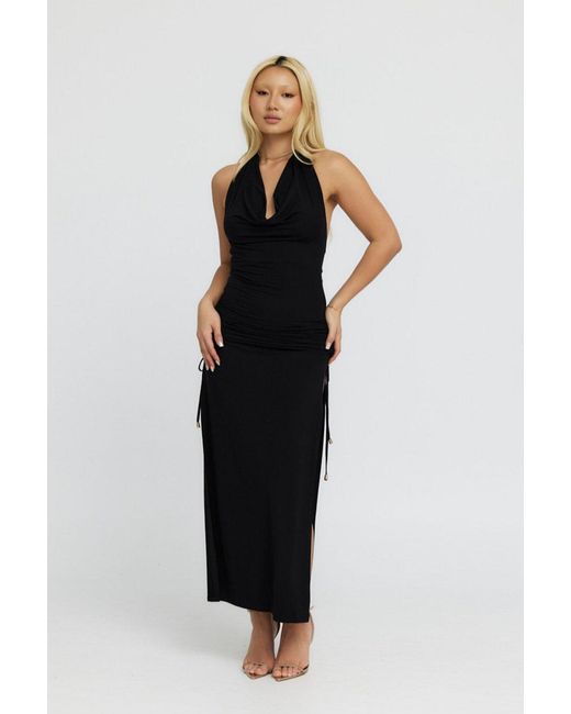 Why Mary Black Venus Cowl Neck Halter Bamboo Jersey Maxi Dress