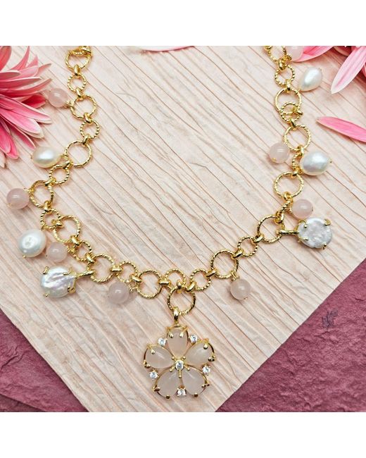 Farra Metallic Rose Quartz Flower Pendant With Pearls Chain Necklace