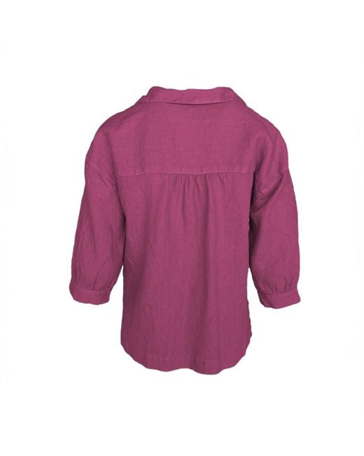 Haris Cotton Purple Linen V-Neck Blouse With Collar And Three Quarters Sleeves Tulip