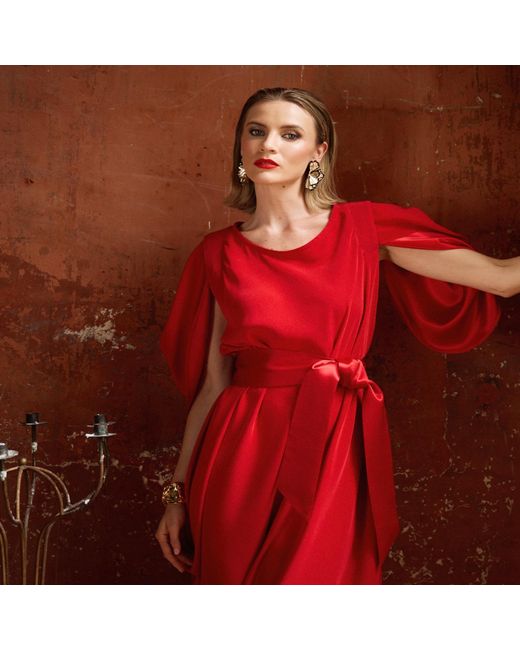 Monessa Joan Red Draped Dress With Detachable Sleeves