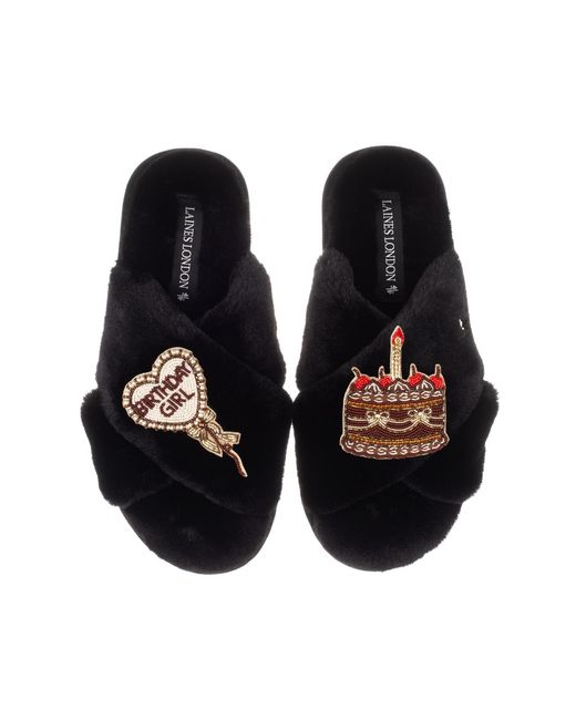 Laines London Black Classic Laines Slippers With Birthday Girl Balloon & Chocolate Cake Brooches