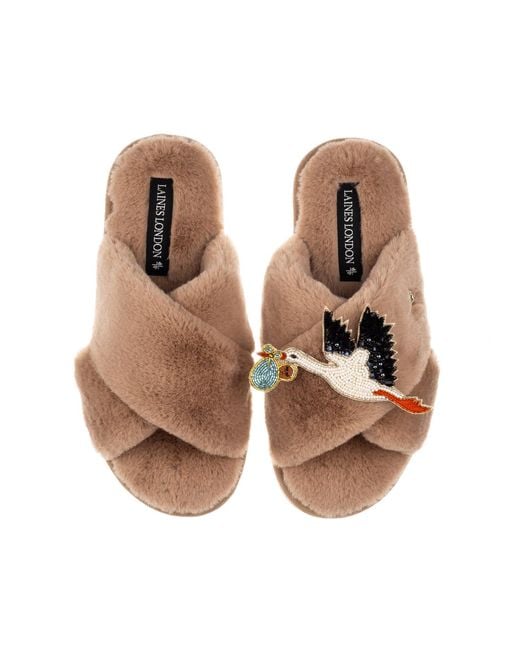 Laines London Brown Neutrals Toffee Classic Laines Slippers With Baby Boy Stork Brooch